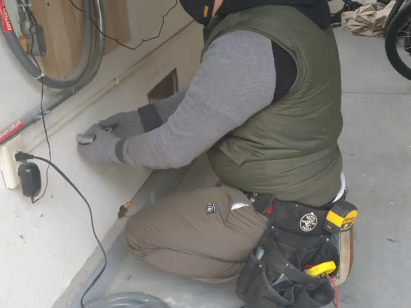 Electrician performing outlet wiring in a Rensselaer garage